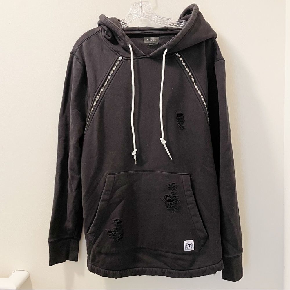 Tackma Black Distressed Double Zip Hoodie - Size Large